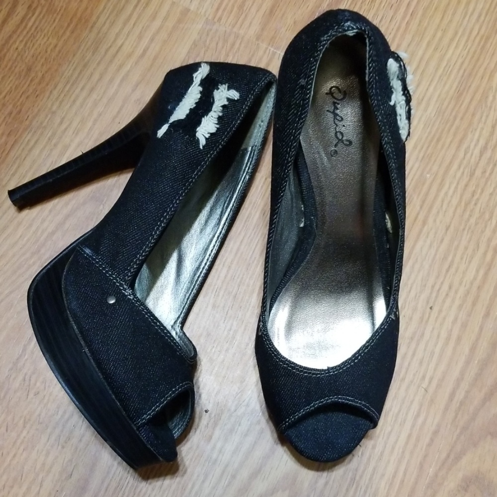 Qupid Black Distressed Denim Heels Platform 8-8.5M